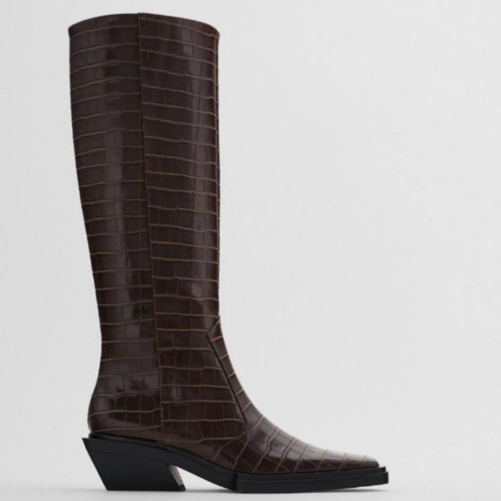 Zara Brown Animal Print Heeled High Shaft Boots